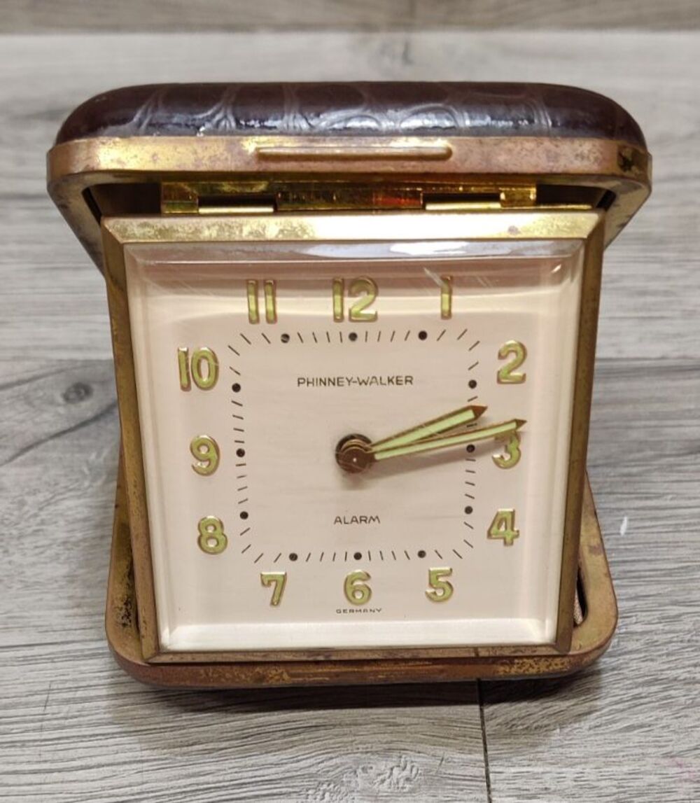 Vintage Phinney-Walker Travel Alarm Clock Germany Faux Crocodile Case Working